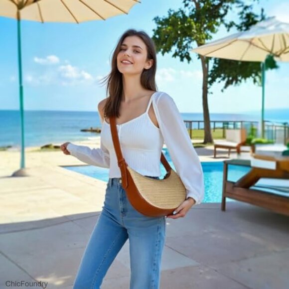 Straw Woven Hobo Crossbody Bag Adjustable Strap Beach Vacation Purse - Picture 3 of 7